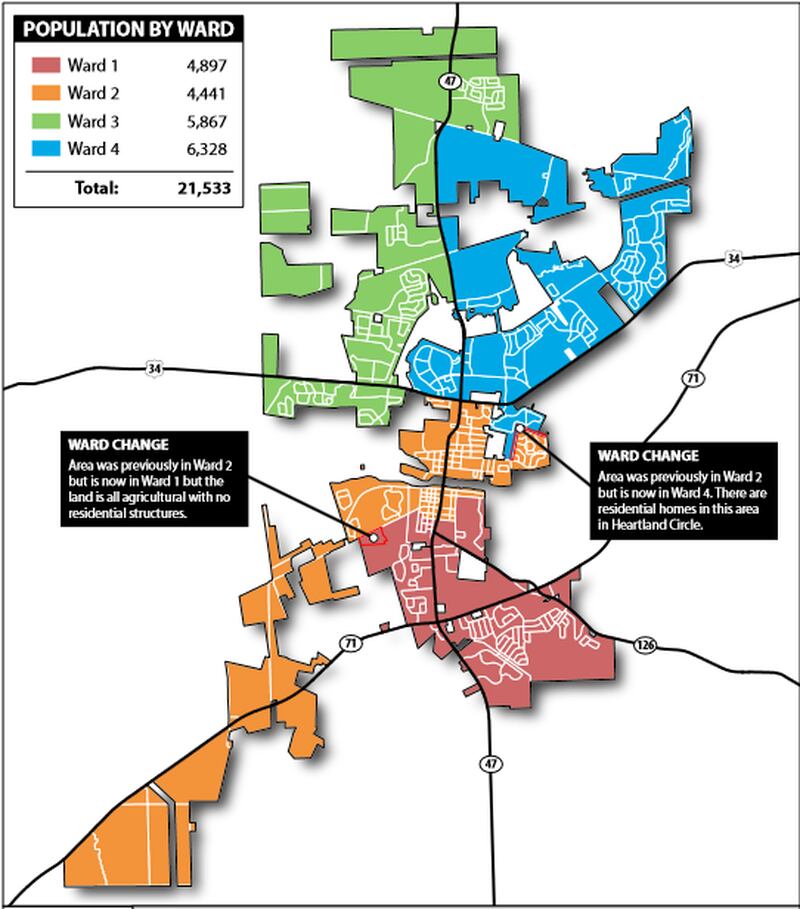 This map of Yorkville shows the city's four aldermanic wards. Ward 1 is orange, Ward 2 is red. Ward 3 is green and Ward 4 is blue. The boundaries will be adjusted to reflect population changes. (City of Yorkville)