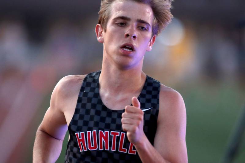 Huntley’s Tommy Nitz wins the 3200-meter run in Fox Valley Conference boys track and field meet action at Huntley High School in Huntley on Thursday, May 15, 2025.