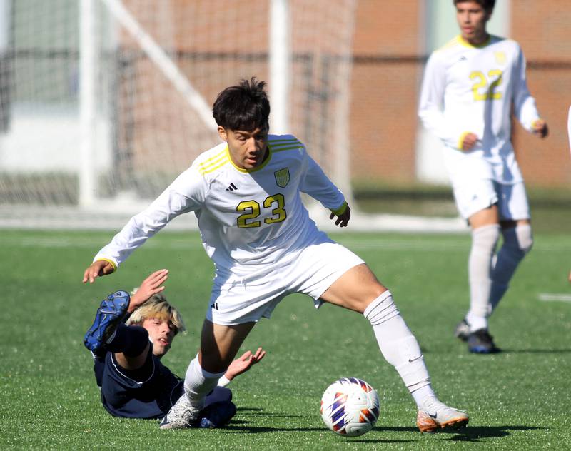 Harvard’s Eric Valdez, front, gets past Cary-Grove’s Cole Waddell in IHSA Class 2A Regional Title Game soccer action on Saturday, Oct. 26, 2024, at  Harvard Junior High School  in Harvard.