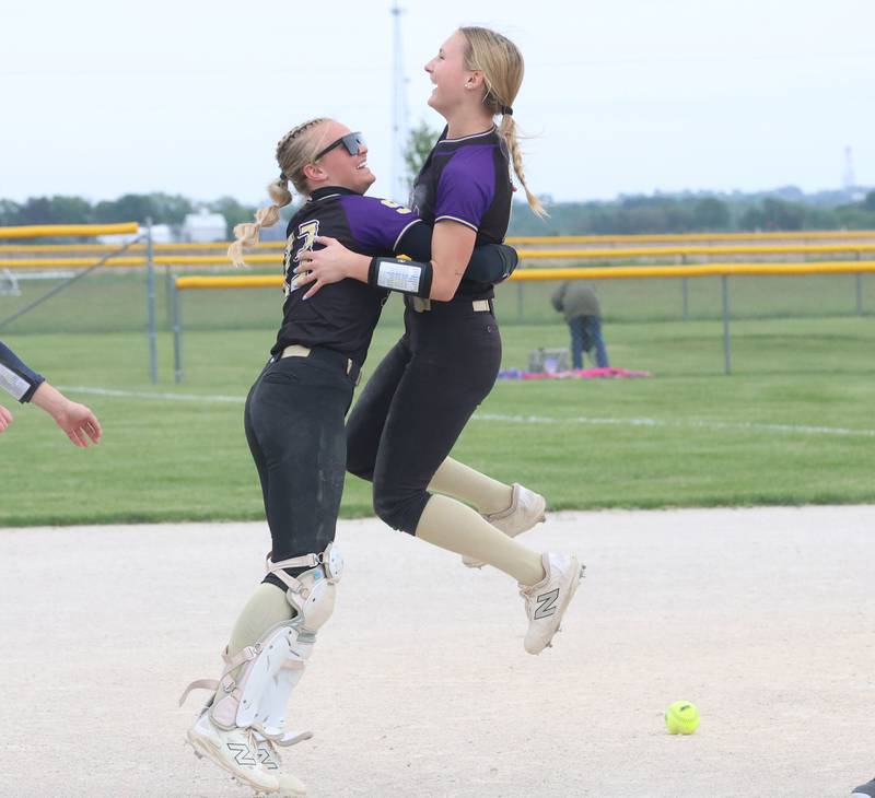 Serena's Brynley Glade reacts with teammate Anna Hjerpe during the Class 1A Regional title game on Friday, May 22, 2026 at Serena High School.