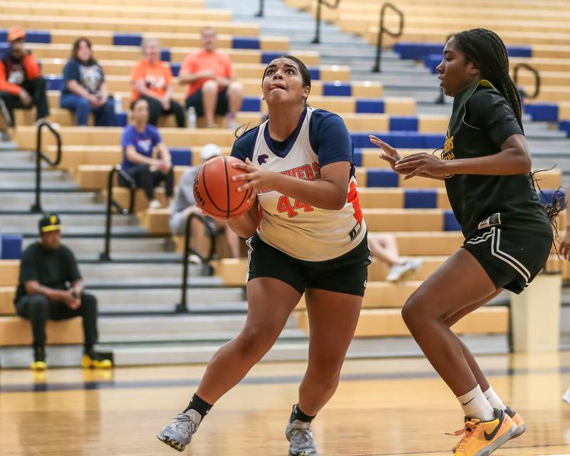 Plano's Luniah Gilford shoots a jump shot at the Oswego girls basketball shootout tournament. June 28, 2024.