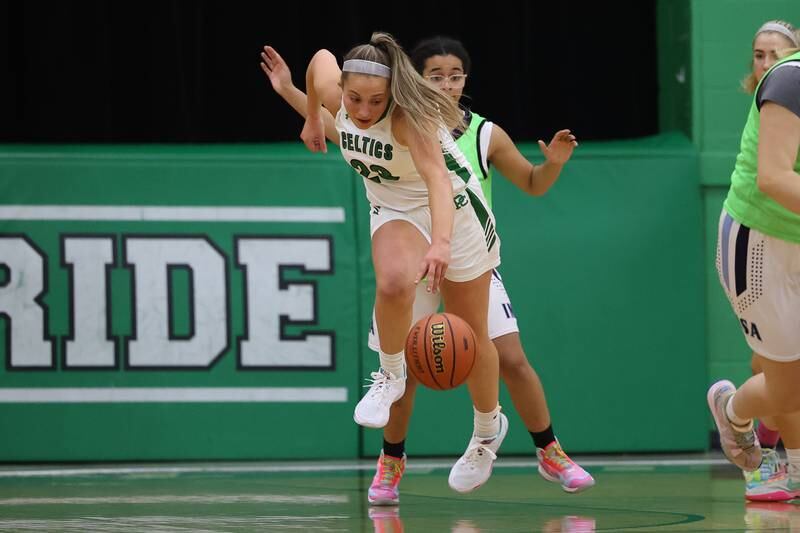 Providence’s Annalise Pietrzyk recovers the loose ball against IMSA in the Class 3A Providence Regional Semifinal on Tuesday, February 14th.
