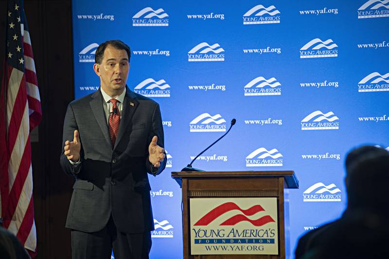 Governor Scott Walker, president of the Young America's Foundation, speaks to a group Saturday, May 7, 2022 at the Loveland House in Dixon. The YAF, owners of the Reagan boyhood home,  held a conference over the weekend for high school students interested in conservative values. The group listened to several speakers and networked with other like minded individuals.