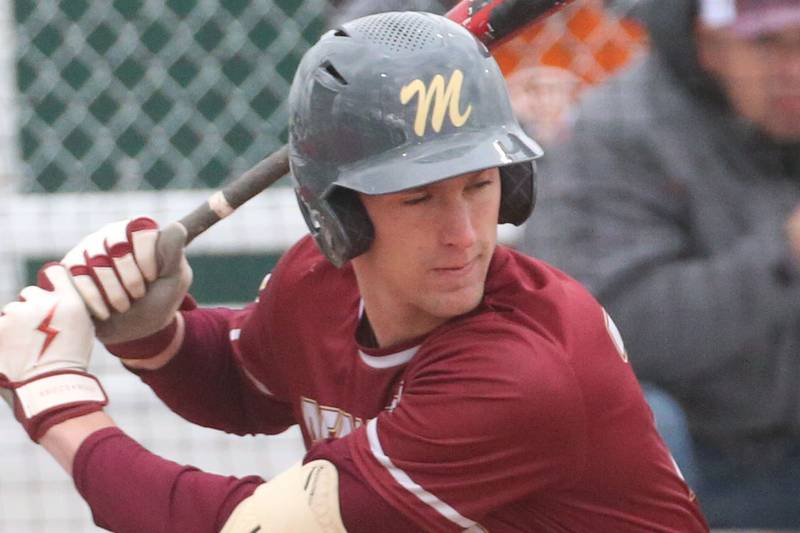 Morris's Jack Wheeler stands in to swing against L-P on Wednesday, April 17, 2024 at Huby Sarver Field inside the L-P Athletic Complex in La Salle.