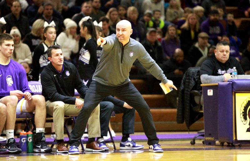 Downers Grove North Head Coach Jim Thomas yells to his team during a game against York at Downers Grove North on Friday, Jan. 19, 2024.
