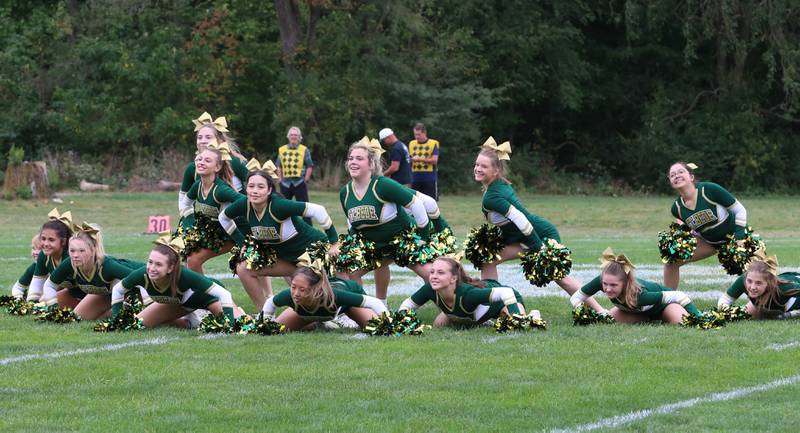 St. Bede cheerleaders perform at halftime during the Homecoming game on Saturday, Sept. 28, 2024 at St. Bede Academy.