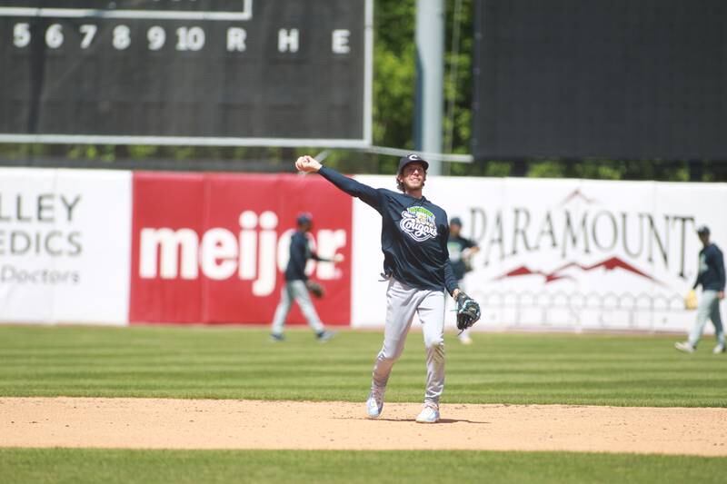 Kane County Cougars shortstop Galli Cribbs, Jr. fields ground balls during media day at Northwestern Medicine Field in Geneva on Monday, May 6, 2024.