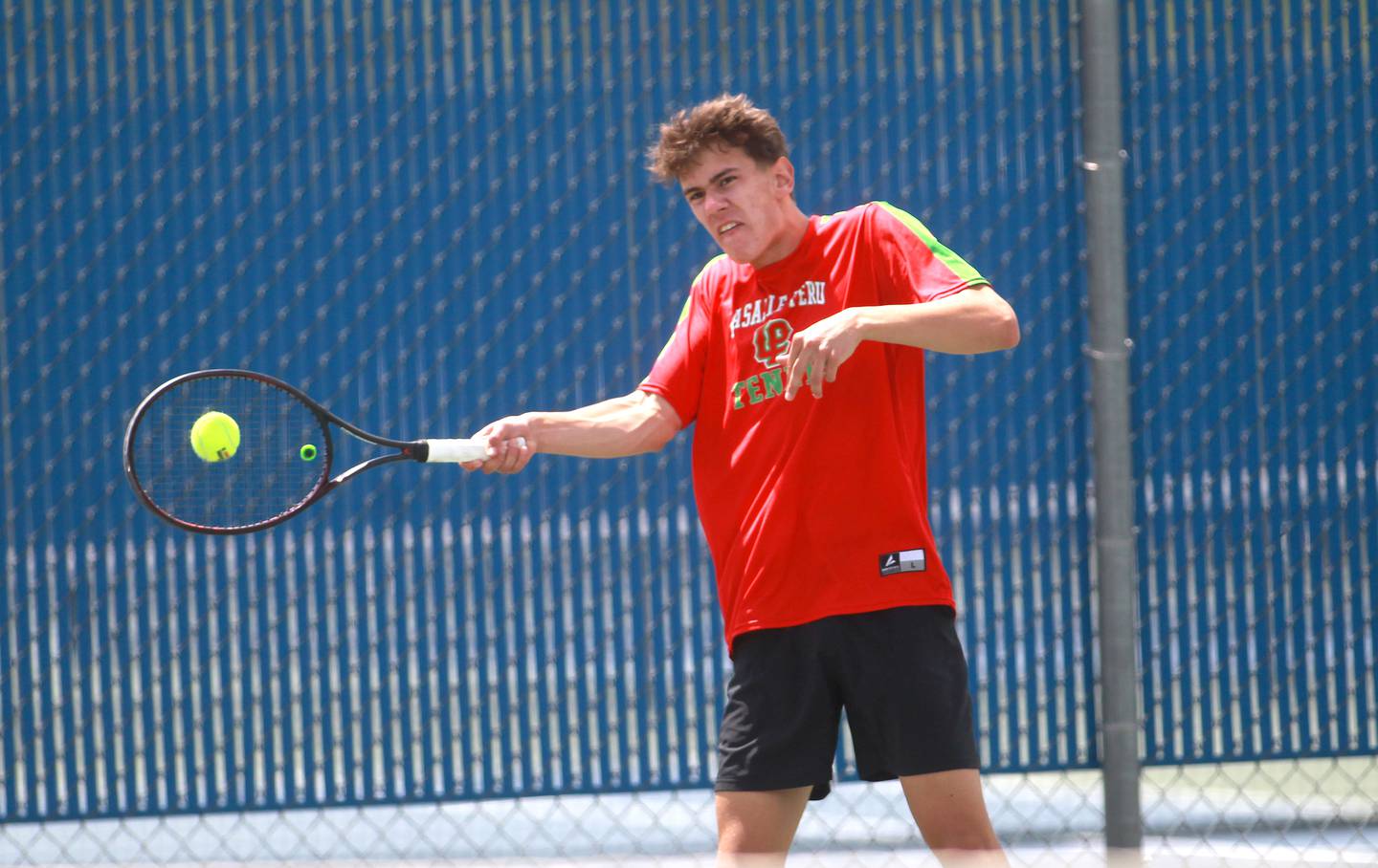LaSalle-Peru’s Nick Olivero returns the ball during the second round of the 1A boys state tennis meet on Thursday, May 29. 2025 at Wheeling High School.