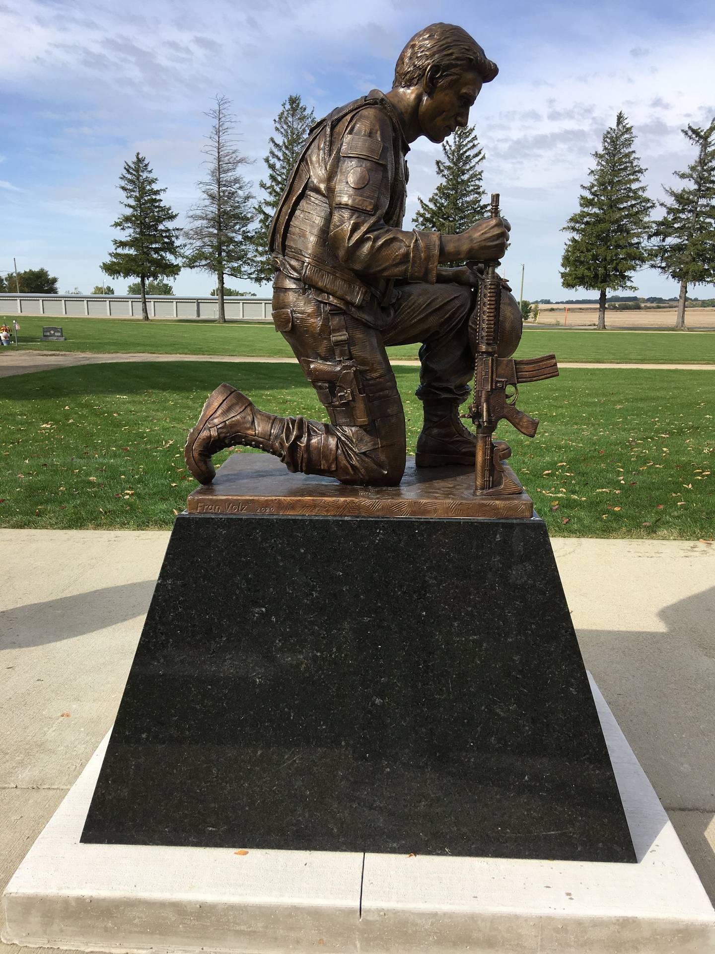 Along with a statue, the Rochelle Veterans War Memorial features engraved bricks with names of local veterans.