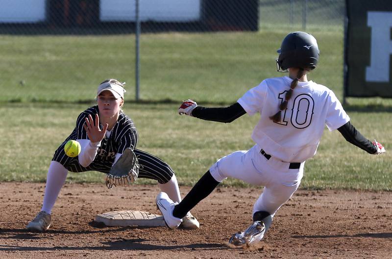 Crystal Lake Central's Kate Show fields the throw before taking out Huntley's Katelyn Bayness at second base during Fox Valley Conference softball game on Tuesday, April 8, 2025, at Huntley High School.
