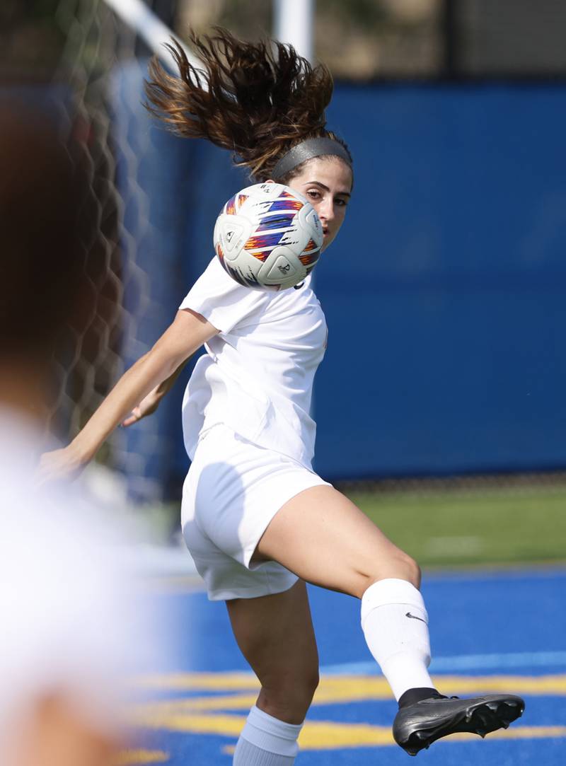 Crystal Lake Central's Jordin Gaunaurd (13) keeps her eye on the ball during the 2A girl's varsity supersectional soccer match between Crystal Lake South and St. Ignatius high schools on Tuesday, June 3, 2025 in Chicago.