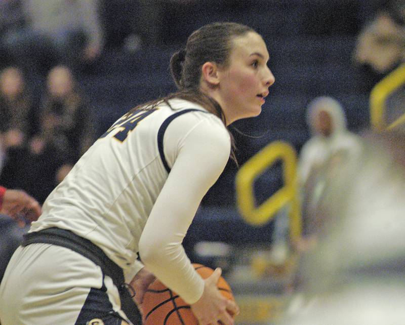 Sterling's Madison Austin faces off against a Rock Island defender. Western Big 6 conference champions Sterling hosted Rock Island in girls basketball. The action took place Thursday, February 13, 2025 at Musgrove Fieldhouse at SHS.