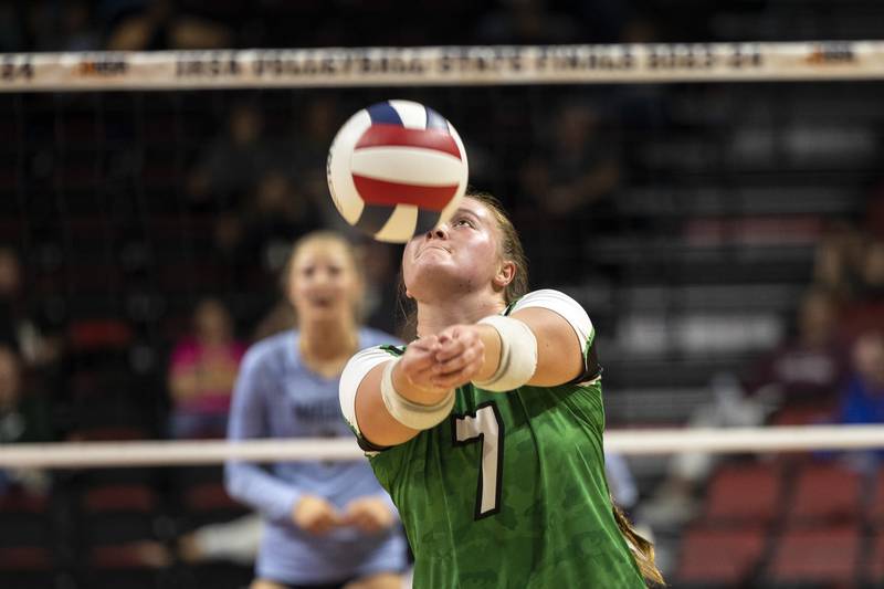 Rock Falls’ Denali Stonitsch makes a pass against Breese Mater Dei in the 2A state semifinal Friday, Nov. 10, 2023 at CEFCU Arena in Normal.