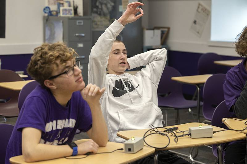 Dixon scholastic bowl team member Aaron Conderman works out an answer during practice for regionals Thursday, March 2, 2023 at Dixon High School.