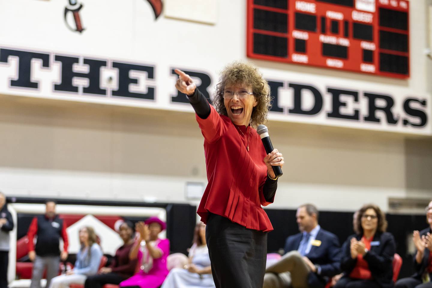 Milken Educator Awards Senior Vice President Dr. Jane Foley speaks at the surprise assembly during which Dr. Jaclyn Lennox, Bolingbrook High School’s assistant principal, was honored with the Milken Educator Award at Bolingbrook High School on Oct. 16, 2025.