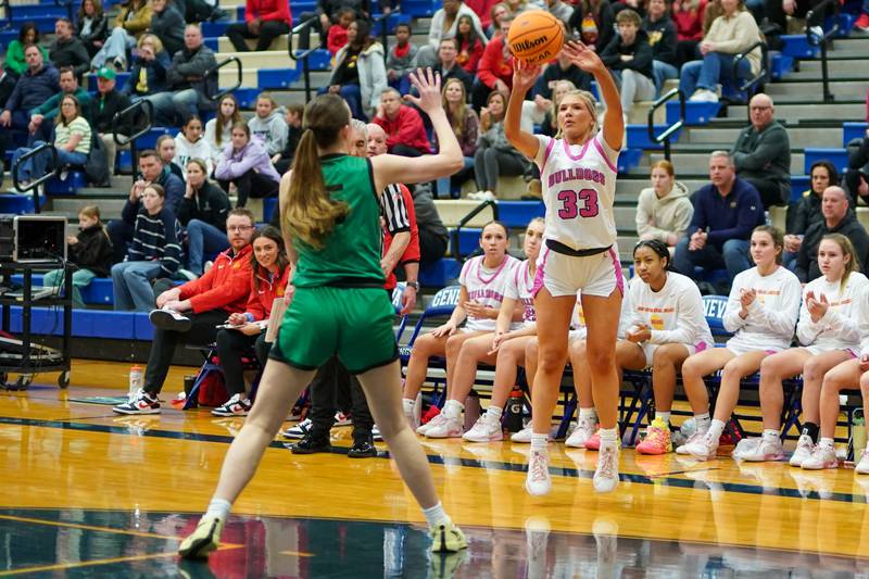 Batavia’s Natalie Warner (33) shoots a 3-pointer against York's Avery Larma (5) during a Class 4A Geneva Regional final basketball game at Geneva High School on Thursday, Feb. 20, 2025.