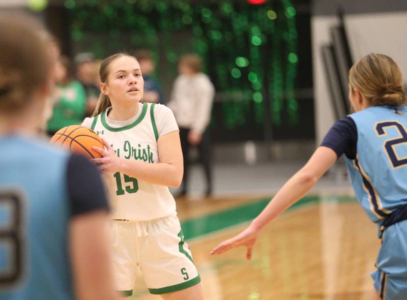 Seneca's Kylee Rowley looks to pass against Marquette on Thursday, Feb. 5, 2026 at Seneca High School.