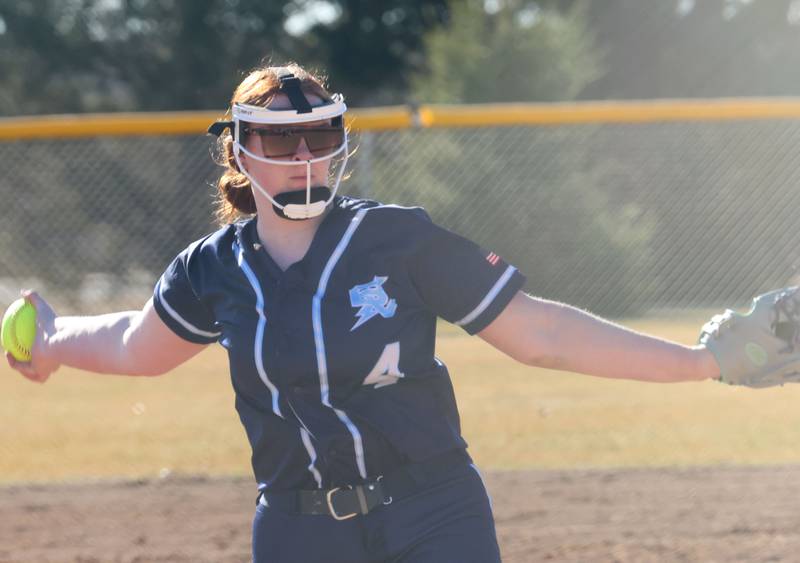 Bureau Valley pitcher Mallory Maubaugh-Williams lets go of a pitch to Hall on Monday, March 9, 2026 at Bureau Valley High School.