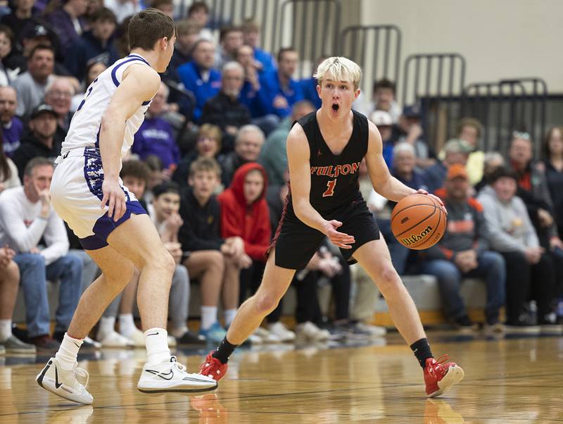 Fulton’s Trevor Tiesman handles the ball against Pecatonica during a class 1A sectional semifinal Wednesday, Feb. 28, 2024 at River Ridge High School.