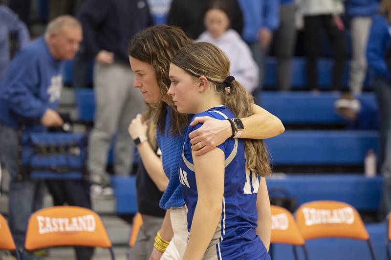 Newman’s Elaina Allen and assistant coach Megan King comes off the court following the Comet’s 60-55 loss to Wethersfield Thursday, Feb. 26, 2026, in the Class 1A sectional semifinal at Eastland.