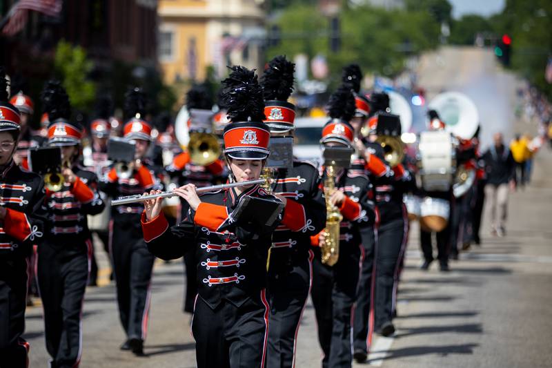 The St. Charles East marching band performs in the St. Charles Memorial Day Parade in downtown St. Charles on Monday, May 26, 2025.