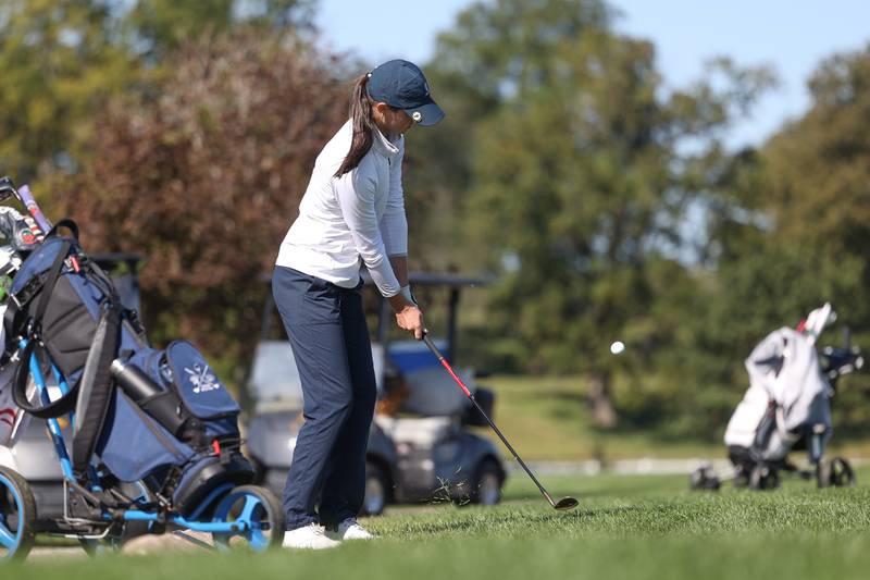 Oswego East’s Alli Wiertel chips a shot onto the six hole green at the Plainfield North Class 2A Regionals onTuesday, Oct. 1, 2024 at Whitetail Ridge Golf Course.