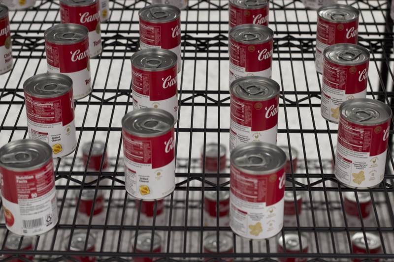 Cans of Campbell Soup seen on Monday, April 21, 2025, at the Joliet Township Forest Park Community Center in Joliet.