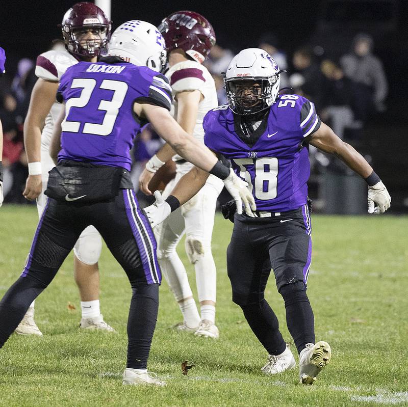 Dixon’s Exzavier Diaz celebrates a sack against Marengo Friday, Nov. 1, 2024 in the 4A football playoffs in Dixon.