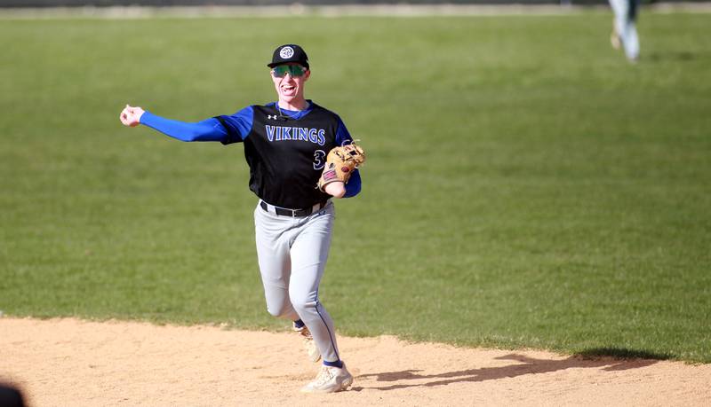 Geneva's Nick Price throws to first during a game against Wheaton Warrenville South on Monday April 14, 2025 in Wheaton.