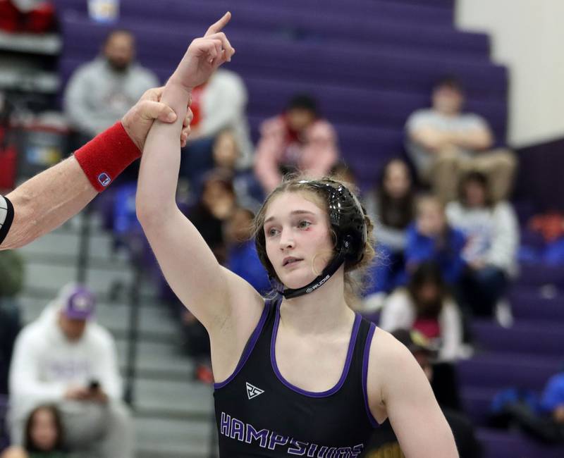 Hampshire’s Stella Piazza is declared a winner over Crystal Lake South’s Annalee Aarseth at 115 pounds in varsity girls IHSA Regional Championship wrestling action on Saturday, February 7, 2026, at Hampshire High School in Hampshire.