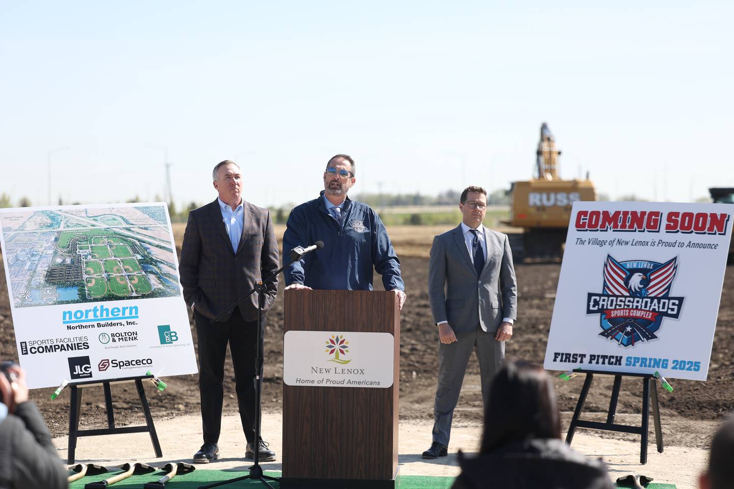 New Lenox Mayor Tim Baldermann speaks at the 100 acre New Lenox Crossroads Sports Complex ground breaking ceremony on Monday, April 22, 2024 in New Lenox.