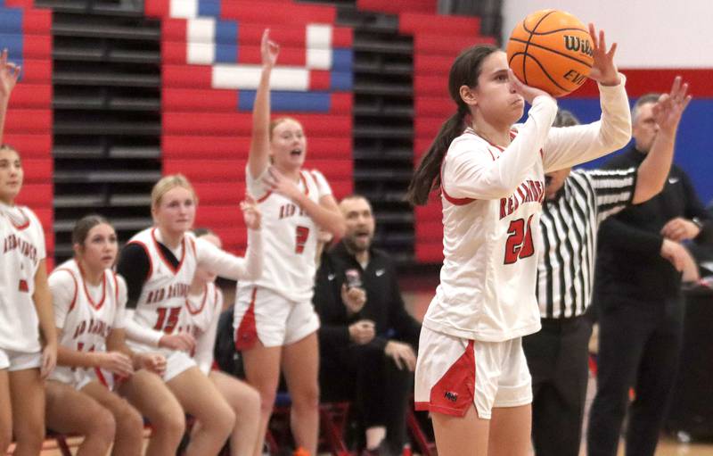 Huntley’s Alyssa Borzych attempts a three-pointer against Hononegah in girls basketball at Dundee-Crown High School in Carpentersville on Tuesday, November 25, 2025.