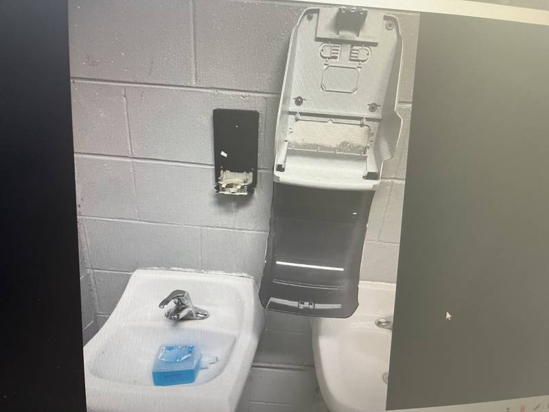 Damage to the soap and paper towel dispenser at 9:59 p.m. on Sunday, Aug. 3 at Hegeler Park in La Salle.
