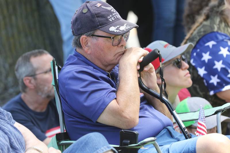 Lawrence "Pie" Piemontese, a U.S. Air Force veteran, listens to the speakers at the Wauconda Memorial Day Ceremony in Memorial Park on Monday, May 29, 2023.