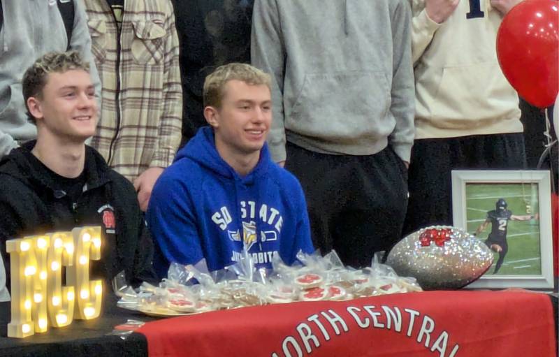 Thatcher Friedrichs (left) and Carter York pose at a signing day ceremony at Sycamore High School on Wednesday, February 10, 2025.
