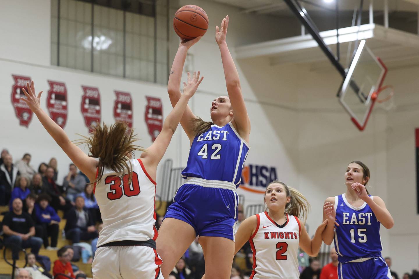 Lincoln-Way East’s Hayven Smith puts up a shot against Lincoln-Way Central on Thursday, Jan. 11th, 2024 in New Lenox.