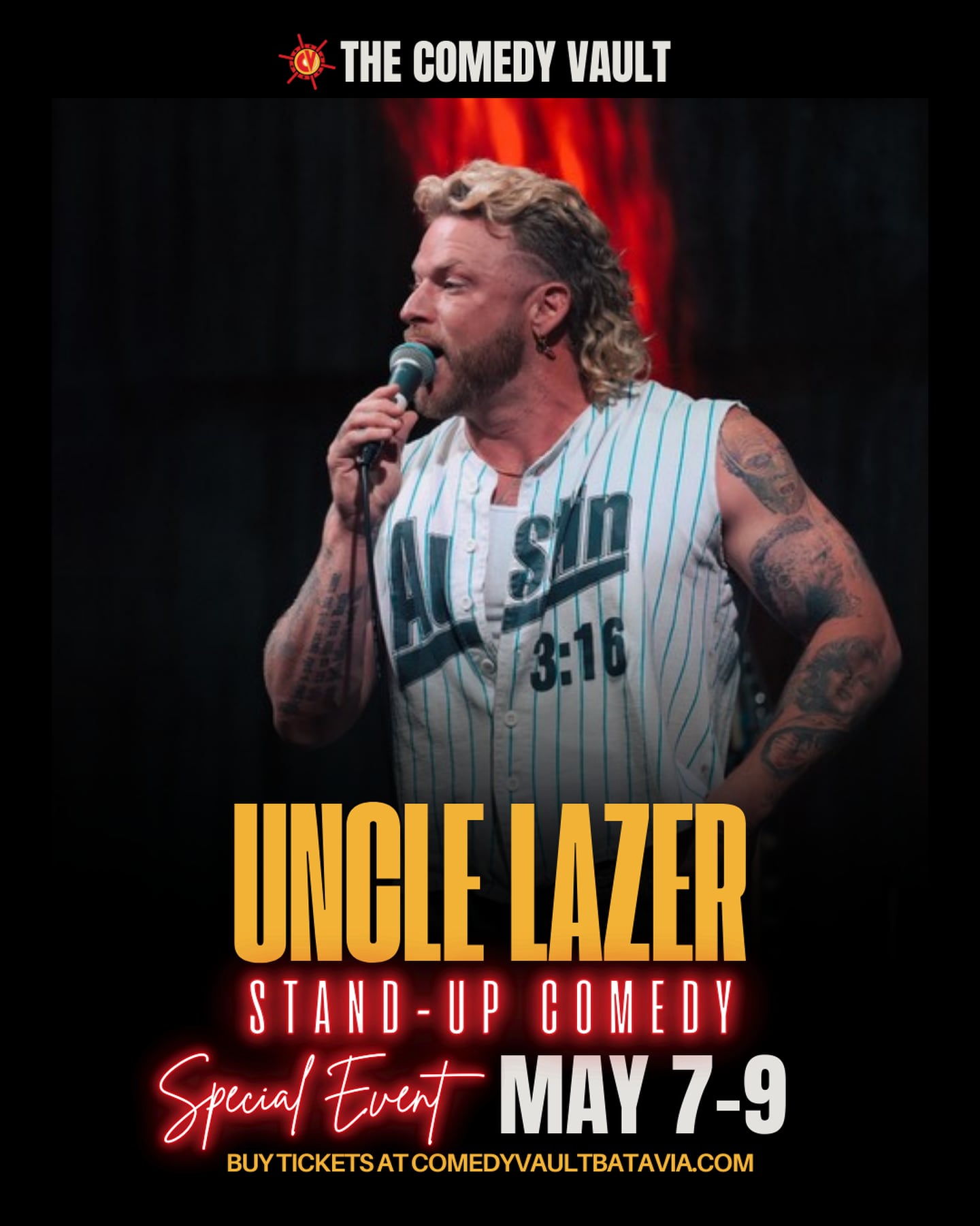 Comedian Uncle Lazer will perform at The Comedy Vault in Batavia May 7-9, 2026.