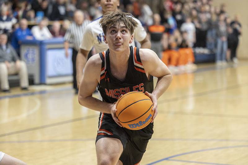 Milledgeville’s Bryson Wiersema works below the basket against Newman Monday, Feb. 24, 2025, during a Class 1A Regional quarterfinal at Newman High School.
