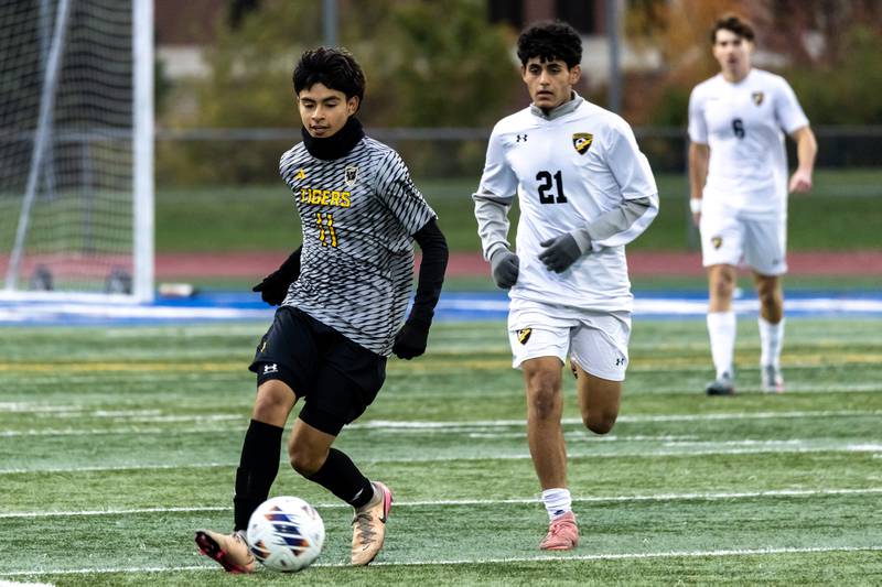 Joliet West's Xavier Garcia moves downfield during the 3A L-W East Regional boys varsity soccer match against Andrew at Lincoln-Way East on Oct. 21, 2025.
