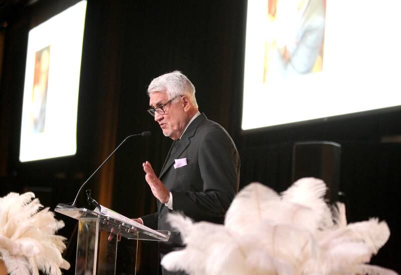 Former St. Charles Mayor Ray Rogina addresses the crowd after being named the 2022 Charlemagne winner during the 100th Annual Charlemagne Gala at the Q Center in St. Charles on Friday, May 13, 2022.