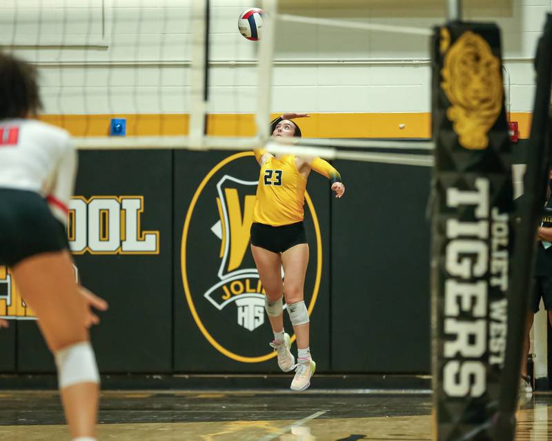 Joliet West's Olivia Baxter (23) serves during regional final volleyball match between Bolingbrook at Joliet West.  Oct 26, 2023.