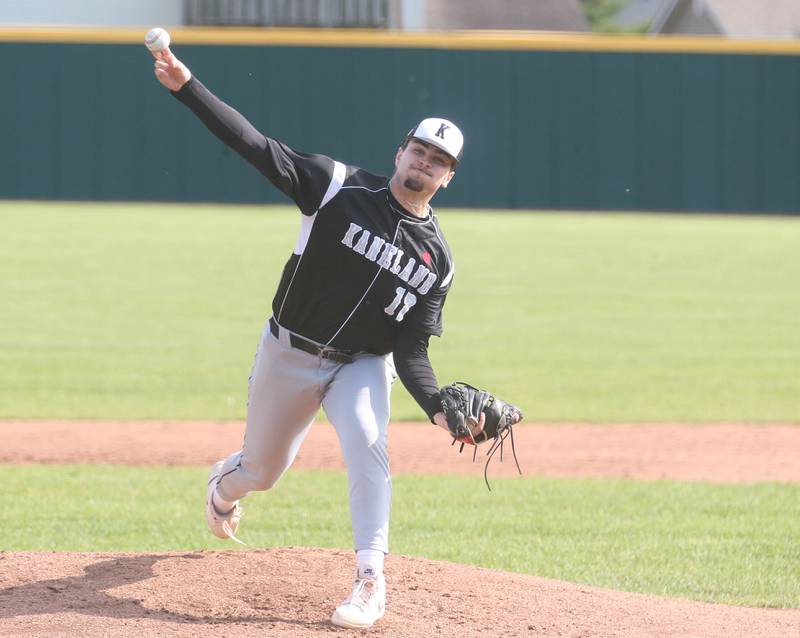 Kaneland pitcher Evan Ross lets go of a throw against L-P on Tuesday, May 13, 2025 at Huby Sarver Field at the L-P Athletic Complex in La Salle.