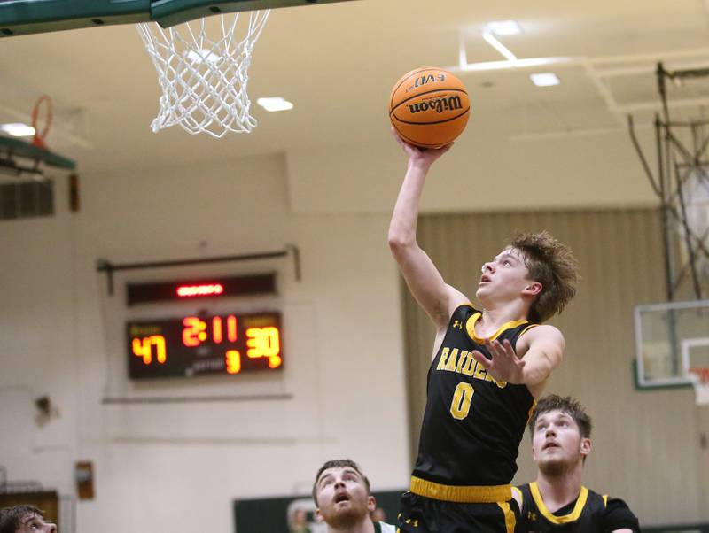 Ashton-Franklin Center's Aaron Lester eyes the hoop while running in for a layup against St. Bede during the Class 1A Regional quarterfinal game on Monday, Feb. 24, 2025 at St. Bede Academy.