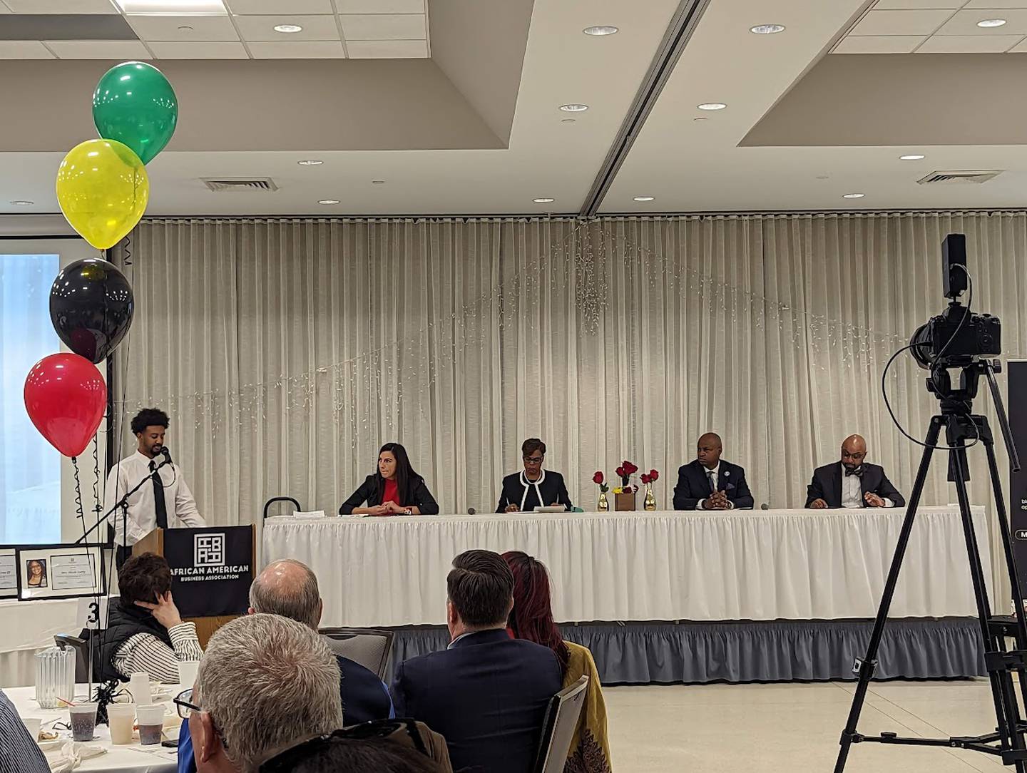 Author and community activist Ernest Crim III moderated a panel discussion on cultivating community impact at the African American Business Association's MLK Brunch and Celebration on Saturday, Jan. 14, 2023, at the International Brotherhood of Electrical Workers 176 hall in Joliet. Panelists are, from left, Lorraine Guerrero Neumayer, senior trauma therapist with the Will County Children’s Advocacy Center; Yolanda Farmer, executive vice president at Joliet Junior College; Illinois House Speaker Emanuel “Chris” Welch; and Will County Circuit Court Judge Vincent Cornelius.