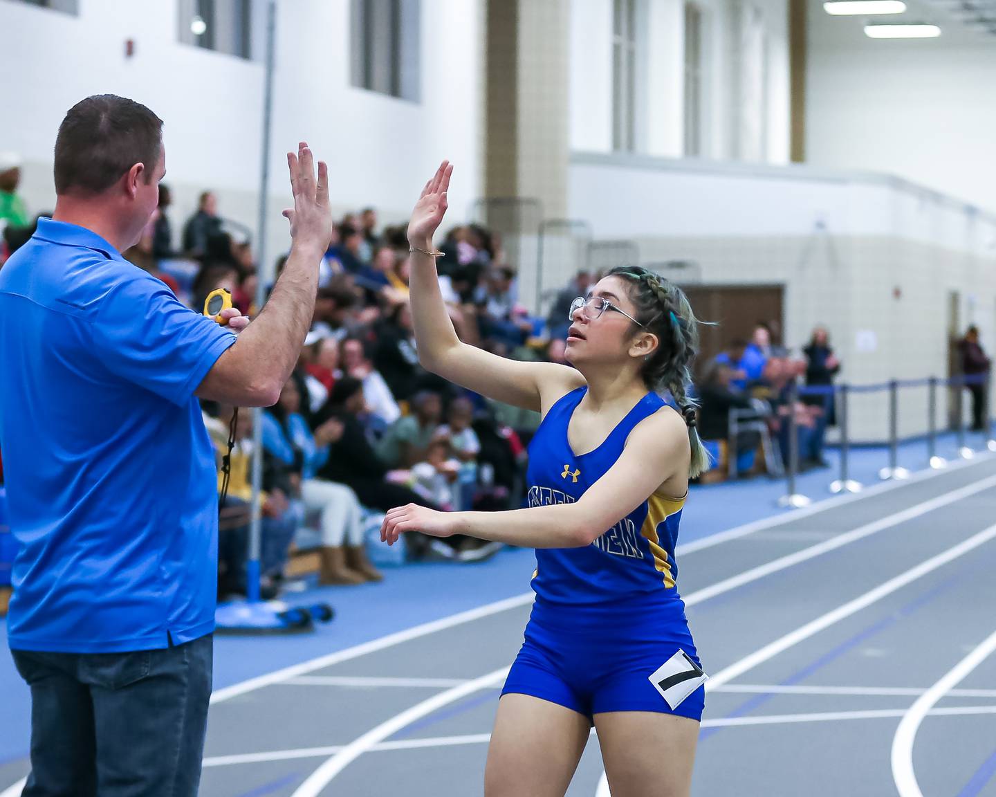 Joliet Central's Nereida Jimenez wins in the 1600 meters at the Joliet Central track meet.  March 8, 2023.