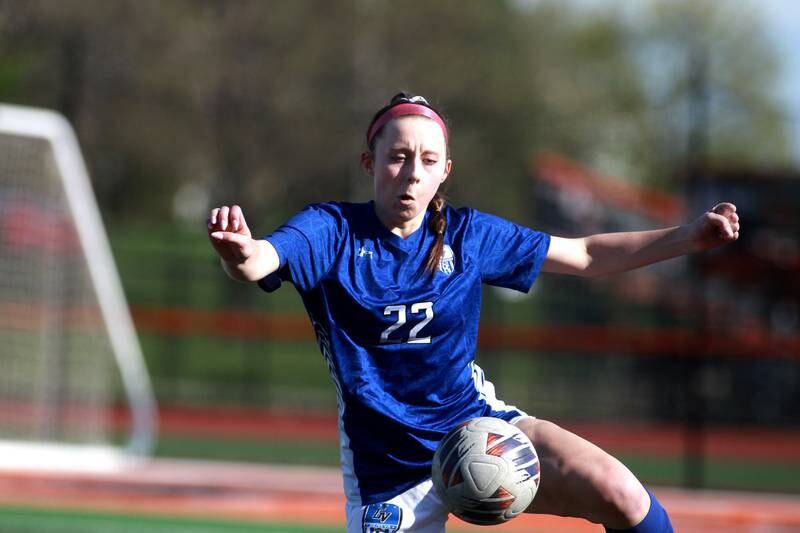 Geneva's Lilly Vostal gets control of the ball during a Tri-Cities Soccer Night game against Batavia on Tuesday, April 29, 2025 at St. Charles East.