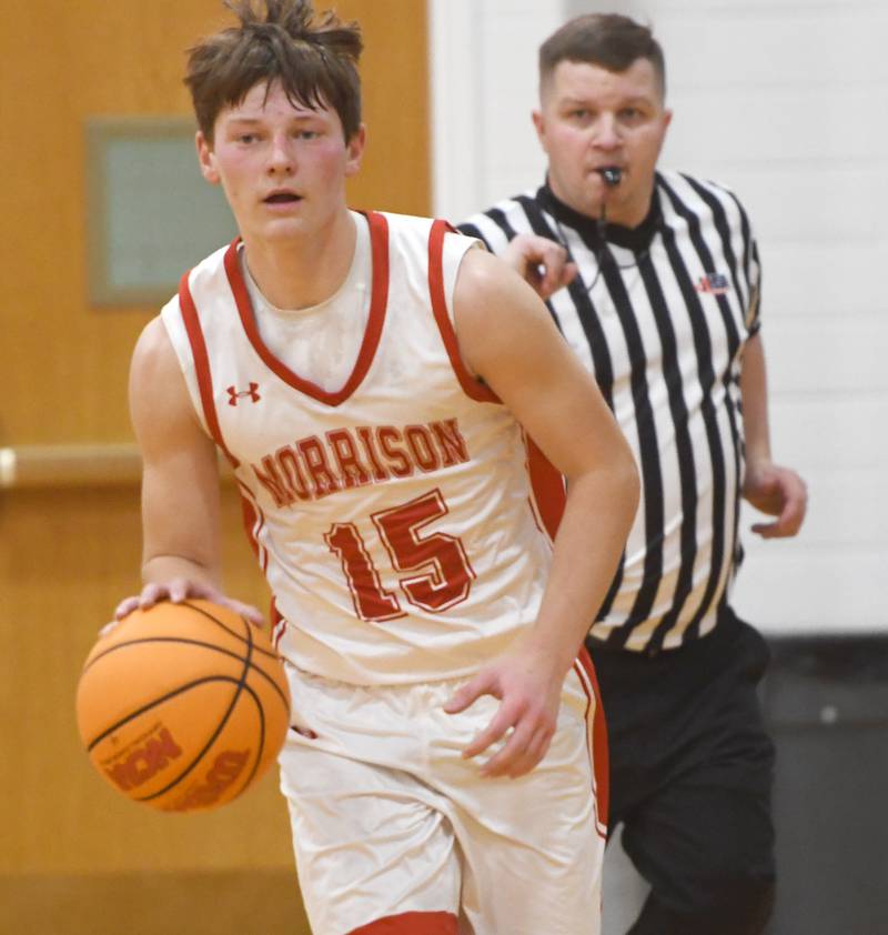 Morrison's Joshua McDearmon brings the ball up the court againstt North Boone at the Oregon Boys Basketball Thanksgiving Tournament on Wednesday, Nov. 26, 2025 at Oregon High School.