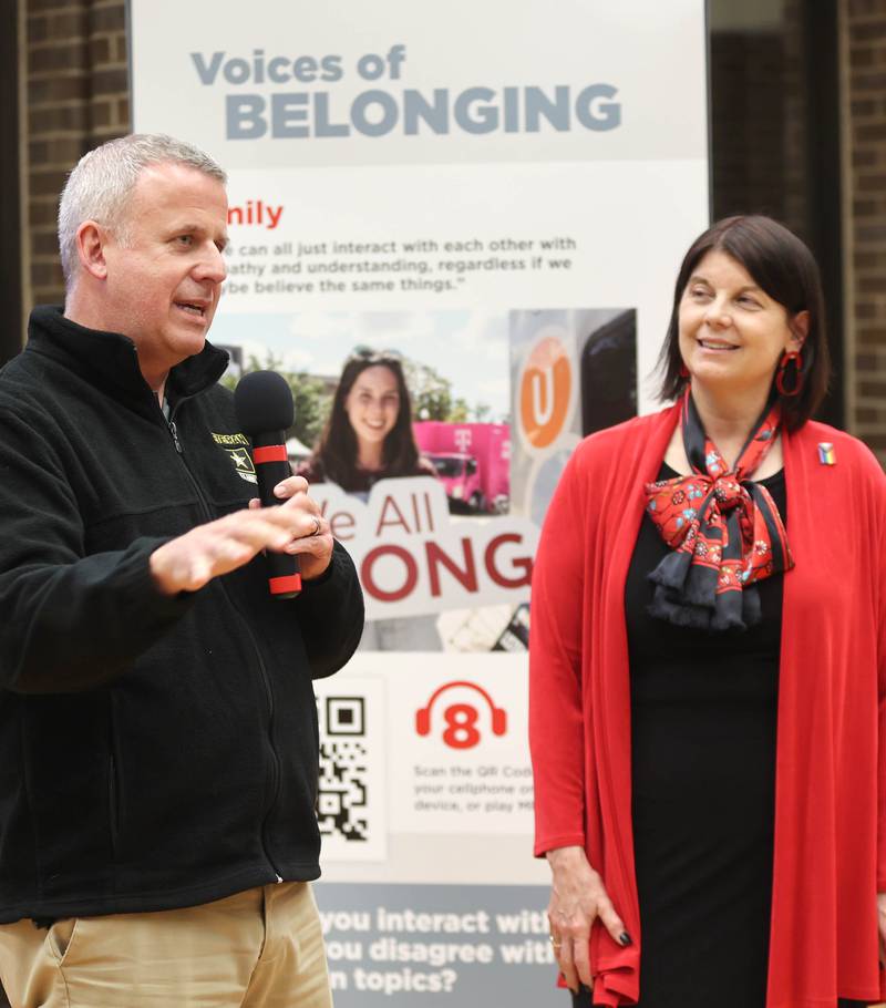 DeKalb Mayor Cohen Barnes and Northern Illinois University President Lisa Freeman speak during the opening reception for the Voices of Belonging exhibit Thursday, March 31, 2022, in Founders Memorial Library at Northern Illinois University in DeKalb. The exhibit is an interactive audio experience promoting acceptance and understanding.