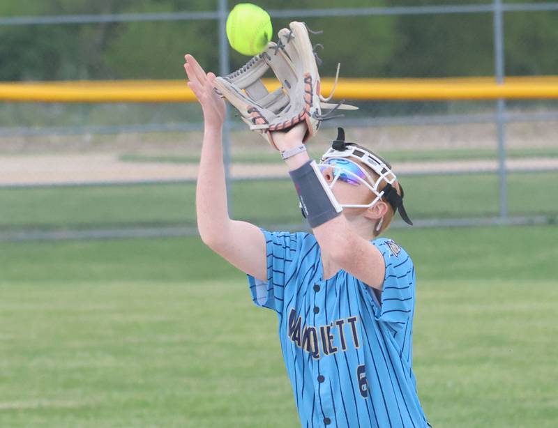 Marquette's Savannah Erickson makes a catch on the infield during the Class 1A Regional title game on Friday, May 22, 2026 at Serena High School.