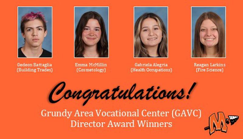 Four Minooka Community High School students taking classes at the Grundy Area Vocational Center in Morris were recently presented with Director Awards for their outstanding performance in class.